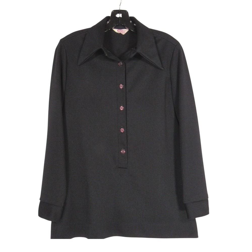 VTG FRITZI OF CALIFORNIA Black POLY-KNIT 1/2 Button TAPERED Blouse/Tunic Top S